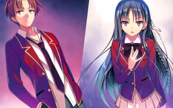 HD desktop wallpaper featuring Suzune Horikita and Kiyotaka Ayanokōji from the anime Classroom of the Elite, showcasing both characters in their school uniforms against a vibrant backdrop.