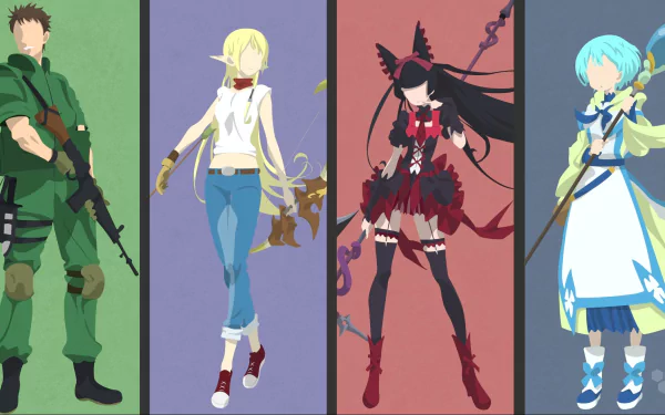 Minimalist HD wallpaper featuring characters Tuka Luna Marceau, Lelei la Lalena, Rory Mercury, and Yōji Itami from the anime Gate (2015). The characters are depicted against distinct colored backgrounds.