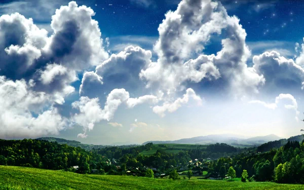 HD desktop wallpaper of a bright sunny landscape with grassy hills, scattered trees and bushes, a forest in the distance, and a sky filled with stars and dramatic clouds.