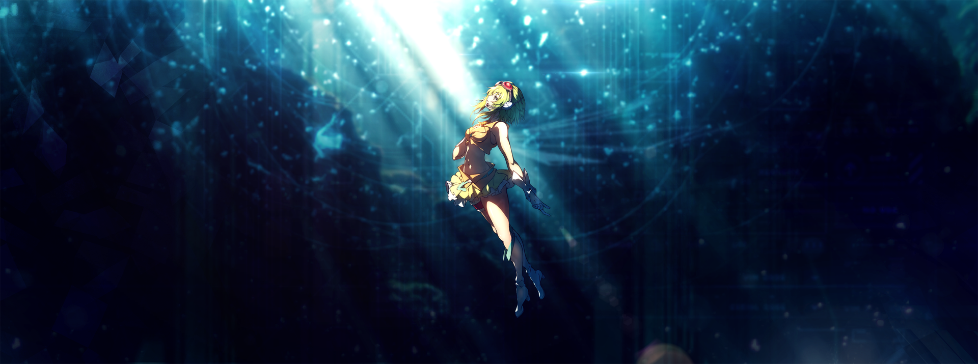 GUMI (Vocaloid) in anime style, floating underwater beneath shafts of light — vibrant HD PC desktop wallpaper/background.
