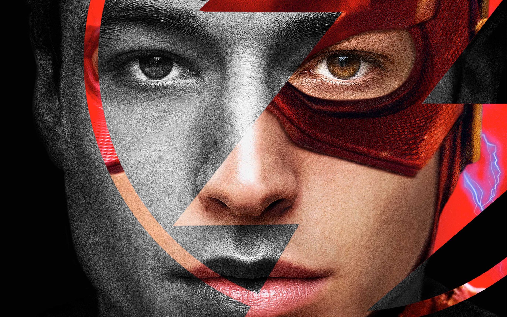 HD PC desktop wallpaper featuring Ezra Miller as Barry Allen/The Flash from the 2017 Justice League movie, blending his masked and unmasked face in a dynamic design.