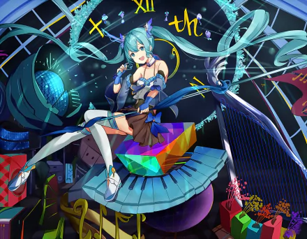 HD PC desktop wallpaper of Hatsune Miku (Vocaloid) in anime style — teal twin‑tails singing on a neon, kaleidoscopic stage while seated on a faceted piano.