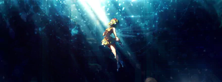 GUMI (Vocaloid) in anime style, floating underwater beneath shafts of light — vibrant HD PC desktop wallpaper/background.