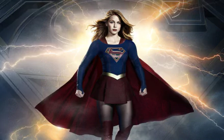 HD wallpaper featuring Supergirl (Melissa Benoist) from the TV show, wearing her iconic costume with a cape, skirt, thigh boots, and pantyhose, set against a dramatic, lightning-filled background.