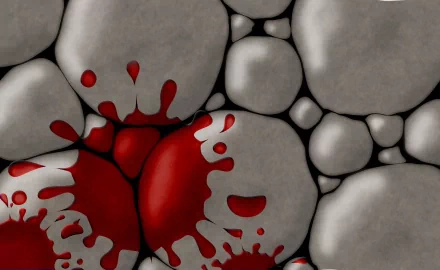 Abstract HD desktop wallpaper featuring smooth gray stones with a vivid red splash of paint, creating a striking artistic contrast.