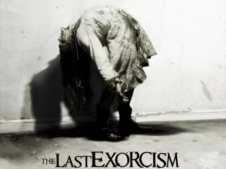 HD PC desktop wallpaper featuring a haunting scene from the movie The Last Exorcism, showing a figure in a tattered dress bent over in a dimly lit, eerie setting.