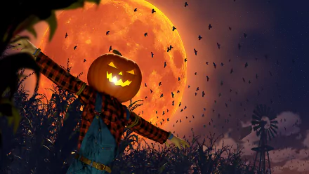 HD Halloween PC wallpaper featuring a glowing jack-o'-lantern scarecrow under a full moon with bats flying in the eerie night sky.