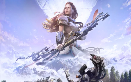 HD desktop wallpaper of Aloy from Horizon Zero Dawn, showcasing the character armed with a bow against a scenic mountainous backdrop, accompanied by robotic creatures.