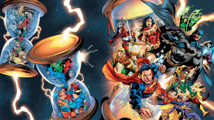 A vibrant DC: Rebirth comic scene featuring iconic superheroes, set against a dynamic background with lightning and hourglasses. HD desktop wallpaper and background.
