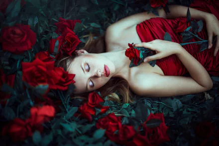 A freckled woman with red lipstick lies surrounded by red roses, holding one close, creating a moody, vivid HD desktop wallpaper scene.