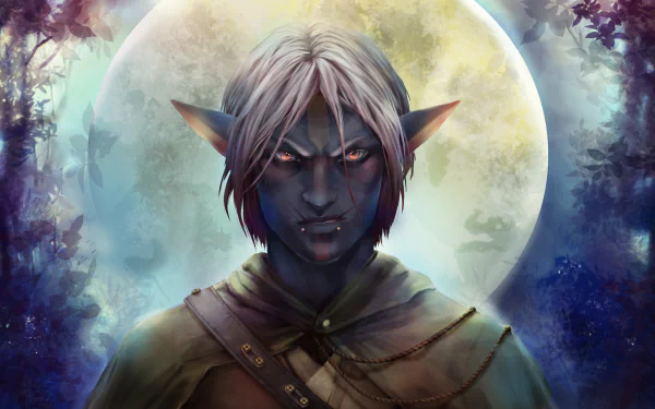 scar night orange eyes pointed ears white hair moon fantasy elf HD Desktop Wallpaper | Background Image