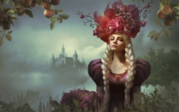 Fantasy Women Flower Braid Castle Blonde Long Hair HD Wallpaper | Background Image