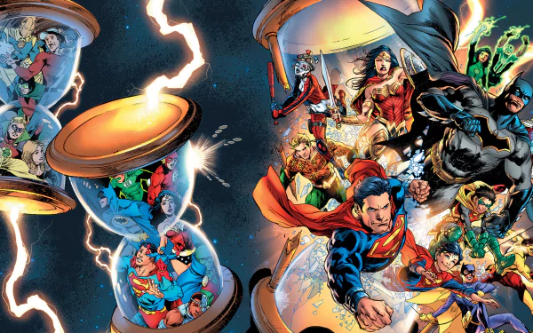 A vibrant DC: Rebirth comic scene featuring iconic superheroes, set against a dynamic background with lightning and hourglasses. HD desktop wallpaper and background.