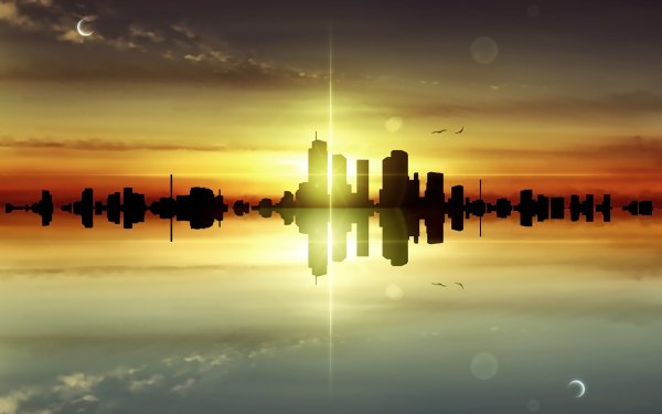 Anime Original Lake Sunset City Reflection HD Wallpaper | Background Image
