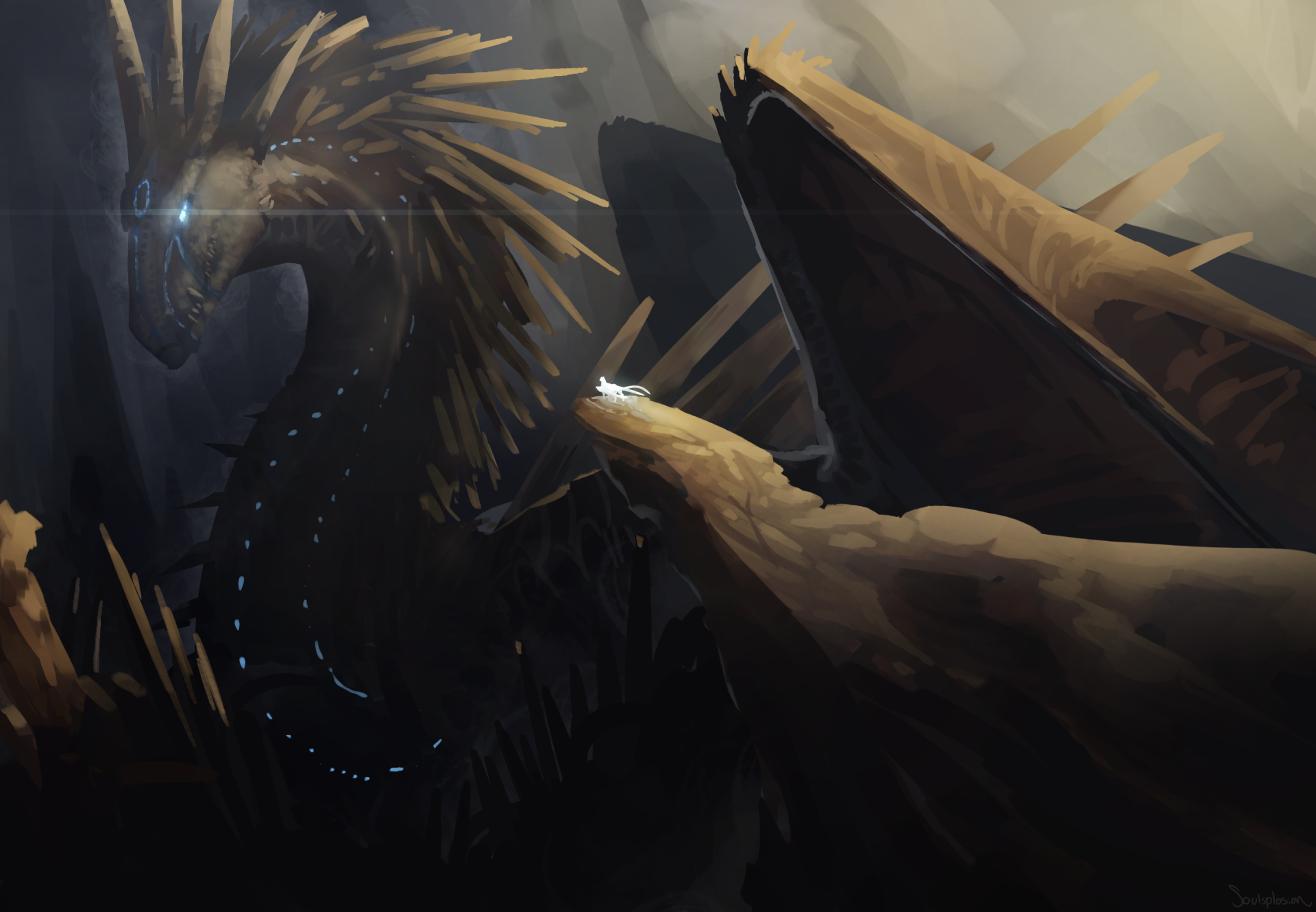 HD fantasy PC desktop wallpaper featuring a dramatic scene with two majestic dragons facing each other in a dark, atmospheric setting.