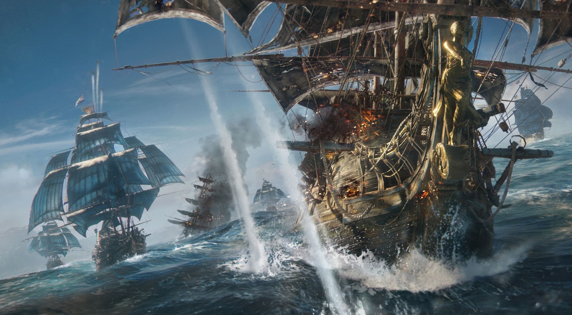 HD desktop wallpaper depicting an intense pirate ship battle from the video game Skull and Bones, with ships exchanging cannon fire on stormy seas.