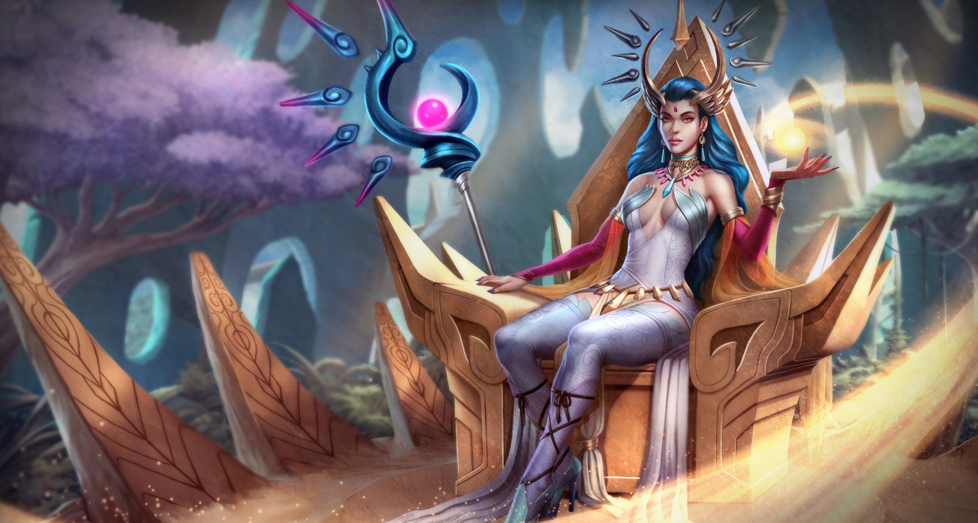 A sorceress with blue hair and orange eyes sits on a throne, holding a glowing staff and wearing a necklace in a fantasy setting, rendered in 4K Ultra HD.