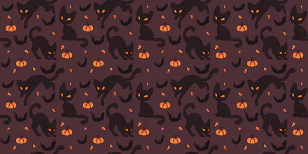 HD Halloween desktop wallpaper featuring a seamless pattern of black cats, bats, pumpkins, and glowing eyes on a dark background.
