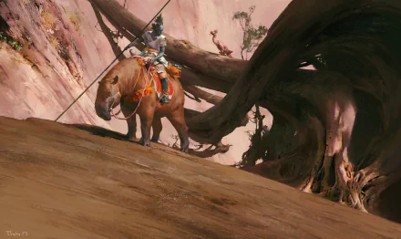 A fantasy warrior clad in armor rides a large, armored beast through a rugged, otherworldly landscape, captured in a detailed HD fantasy PC desktop wallpaper.