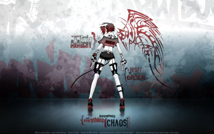 HD anime original desktop wallpaper featuring a red-haired character in futuristic armor with dual guns, standing before a graffiti-style backdrop with text and artistic wings.