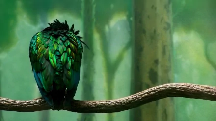 HD wallpaper of a Nicobar pigeon perched on a branch, showcasing its iridescent green and blue feathers against a blurred, forest backdrop.
