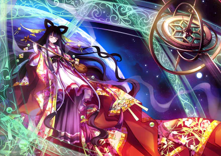 HD wallpaper featuring an original anime character with long hair in traditional Japanese clothes, surrounded by vibrant, mystical elements against a cosmic backdrop.