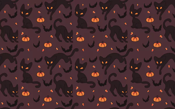 HD Halloween desktop wallpaper featuring a seamless pattern of black cats, bats, pumpkins, and glowing eyes on a dark background.