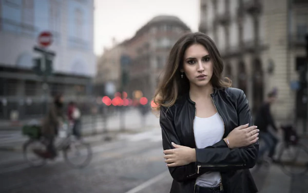 leather jacket depth of field brown eyes brunette woman model HD Desktop Wallpaper | Background Image