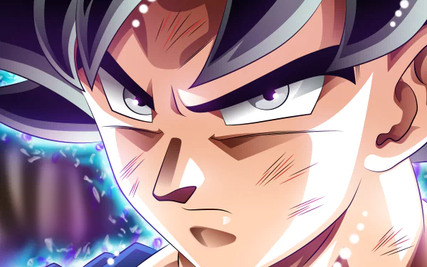 HD desktop wallpaper of an intense character from Dragon Ball Super, showing a determined face and vibrant aura in an anime style.