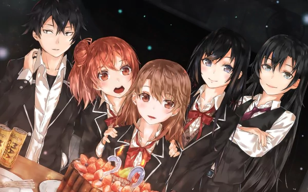 HD desktop wallpaper featuring characters Hachiman Hikigaya, Yui Yuigahama, Iroha Isshiki, Yukino Yukinoshita, and Shizuka Hiratsuka from the anime Yahari Ore no Seishun Love Comedy wa Machigatteiru (My Teen Romantic Comedy SNAFU).