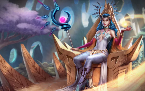 A sorceress with blue hair and orange eyes sits on a throne, holding a glowing staff and wearing a necklace in a fantasy setting, rendered in 4K Ultra HD.