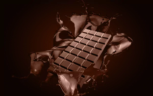 8K Ultra HD wallpaper featuring a rich chocolate bar with splashes of melted chocolate, highlighting sweets and indulgent food in vibrant detail.