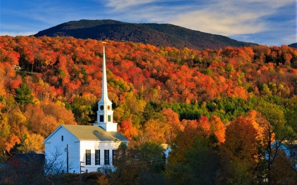 Religious Chapel Church Steeple Fall Forest Colorful Foliage HD Wallpaper | Background Image