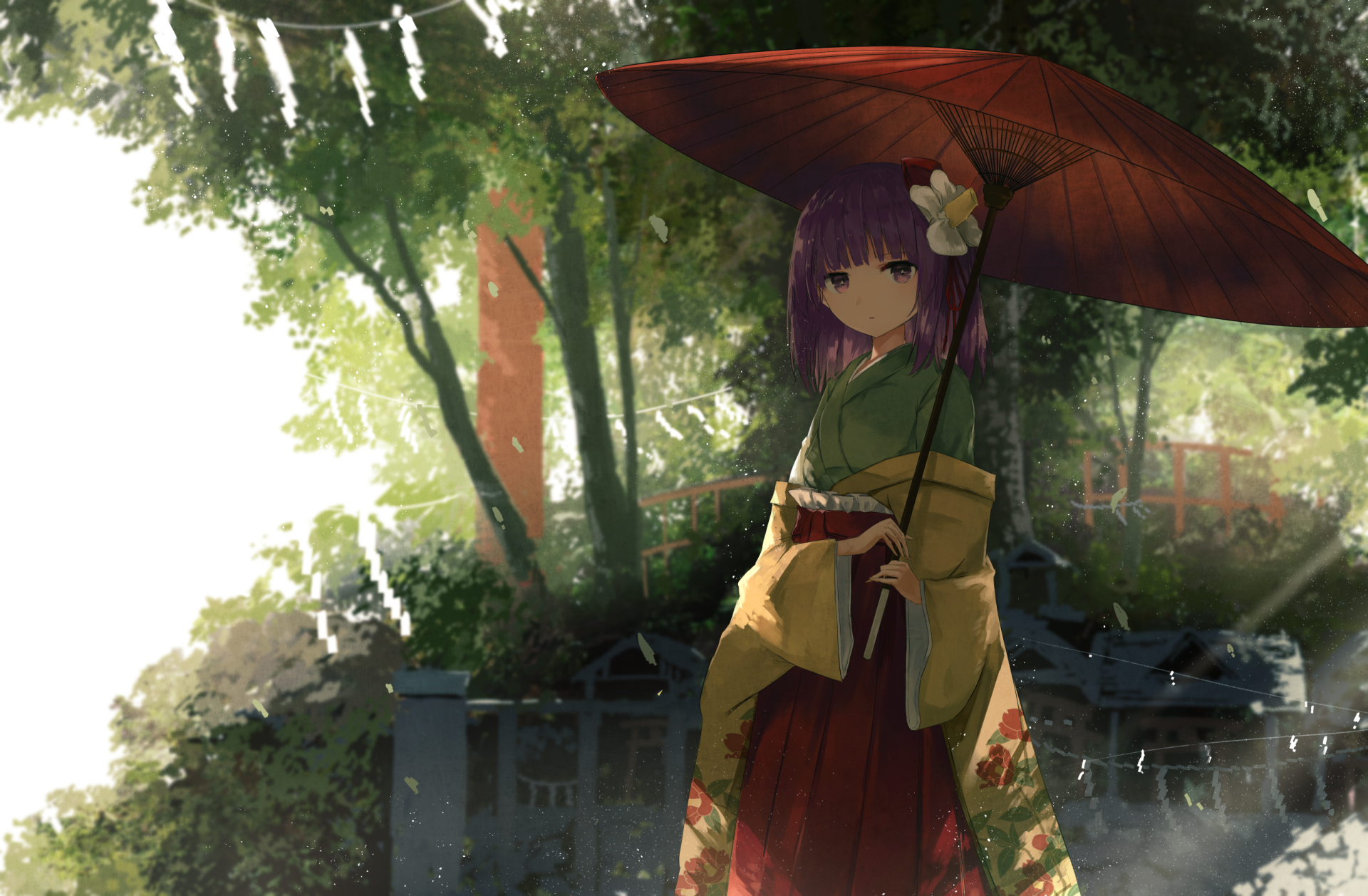 HD PC desktop wallpaper featuring Hieda no Akyuu from Touhou, standing in a sunlit forest clearing holding a traditional red umbrella.