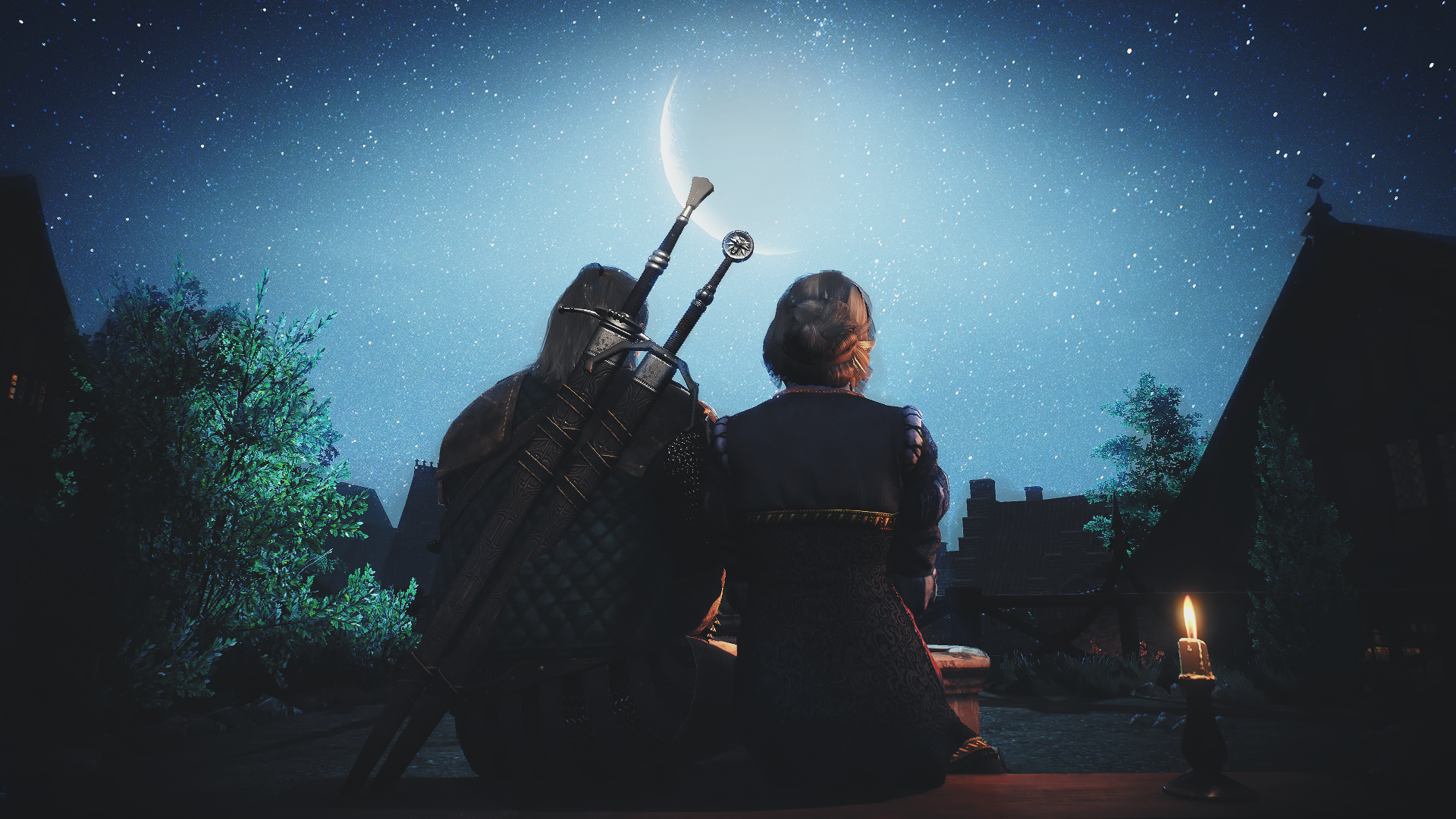 Geralt of Rivia and Ciri from The Witcher 3: Wild Hunt sitting under a starry night sky with a crescent moon, beautifully captured in this HD desktop wallpaper.