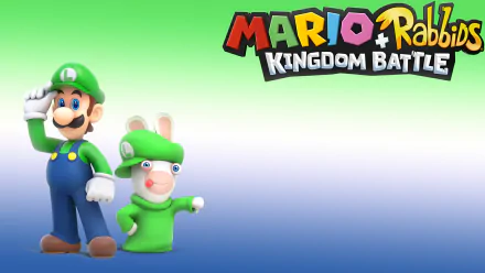 HD PC wallpaper of Luigi and a Luigi‑costumed Raving Rabbid from the video game Mario + Rabbids Kingdom Battle, green-to-blue gradient background with the game logo.