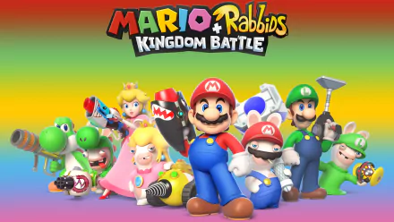 HD PC desktop wallpaper for the video game Mario + Rabbids Kingdom Battle showing Mario, Luigi, Peach and Rabbid counterparts posed against a colorful gradient background.