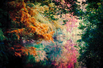 4K Ultra HD desktop wallpaper showcasing vibrant fall foliage reflected in a tranquil forest pond, blending rich oranges, pinks, and greens in a serene natural scene.