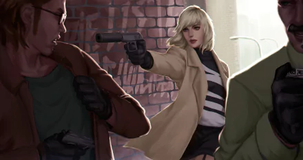5K Ultra HD PC wallpaper: short-haired blonde with blue eyes in a trench coat points a handgun in an alley, cinematic Atomic Blonde movie style.