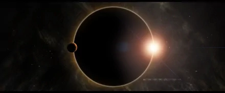 A stunning HD desktop wallpaper showcasing a sci-fi scene of a solar eclipse, featuring a dark planet silhouetted against a bright star, creating a striking cosmic atmosphere.
