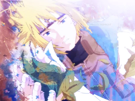 HD desktop wallpaper featuring Minato Namikaze, the Fourth Hokage from the anime Naruto. The image showcases Minato with a contemplative expression, holding illuminated leaves against a colorful, artistic background.