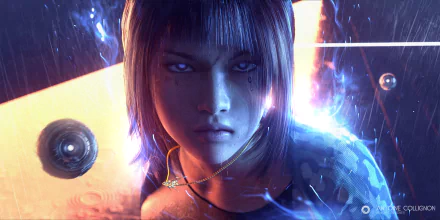 HD sci-fi desktop wallpaper featuring a cyborg woman with glowing eyes under rain, illuminated by vibrant neon lights, blending futuristic and cybernetic elements.