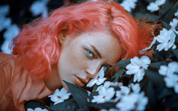 lying down freckles white hair pink hair blue eyes model woman face HD Desktop Wallpaper | Background Image