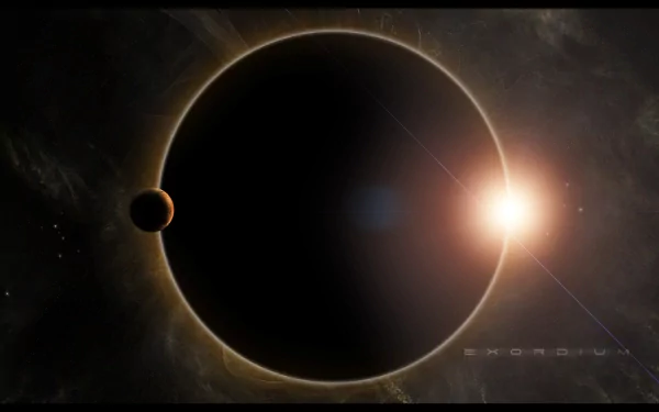 A stunning HD desktop wallpaper showcasing a sci-fi scene of a solar eclipse, featuring a dark planet silhouetted against a bright star, creating a striking cosmic atmosphere.