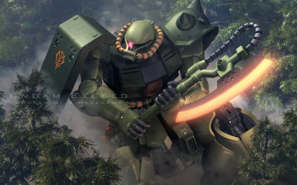 Anime HD PC desktop wallpaper/background: Mobile Suit Gundam Thunderbolt mobile suit brandishing a glowing heat hawk, armored green mech with hoses and chains, angled over a misty forest backdrop.