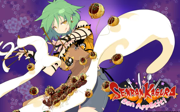 Video game HD PC desktop wallpaper of Senran Kagura Bon Appétit!: a green-haired character in a dynamic pose amid floating sweets on a purple floral background with the game logo.