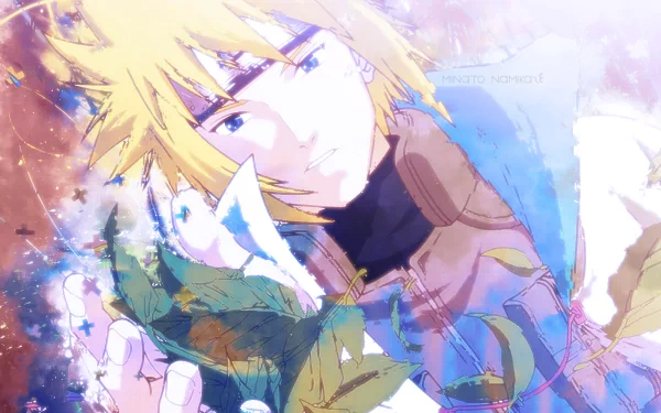 HD desktop wallpaper featuring Minato Namikaze, the Fourth Hokage from the anime Naruto. The image showcases Minato with a contemplative expression, holding illuminated leaves against a colorful, artistic background.