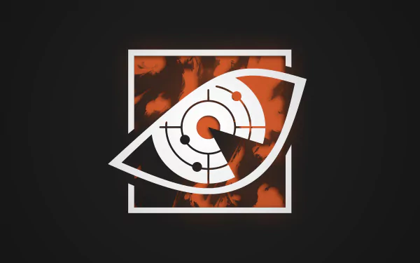 Minimalist 8K Ultra HD PC desktop wallpaper featuring Pulse emblem from Tom Clancy's Rainbow Six: Siege video game — stylized radar-eye icon in orange and white on dark background.