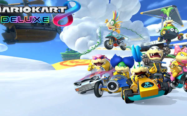 HD PC desktop wallpaper featuring vibrant characters from Mario Kart 8 Deluxe racing through a snowy course in the Super Mario video game universe.