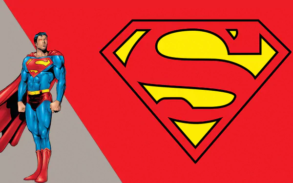 HD PC desktop wallpaper featuring Superman in costume beside the iconic yellow and red Superman logo from DC Comics Justice League.